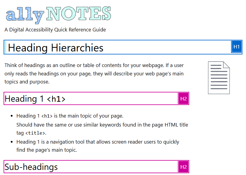 Example of a webpage with headings highlighted and labels by level.