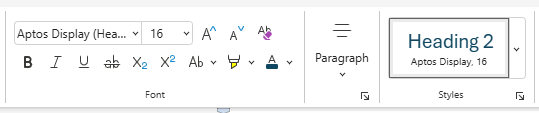 Screen shot of formatting options in Microsoft Word with Heading 2 selected in the Styles options.