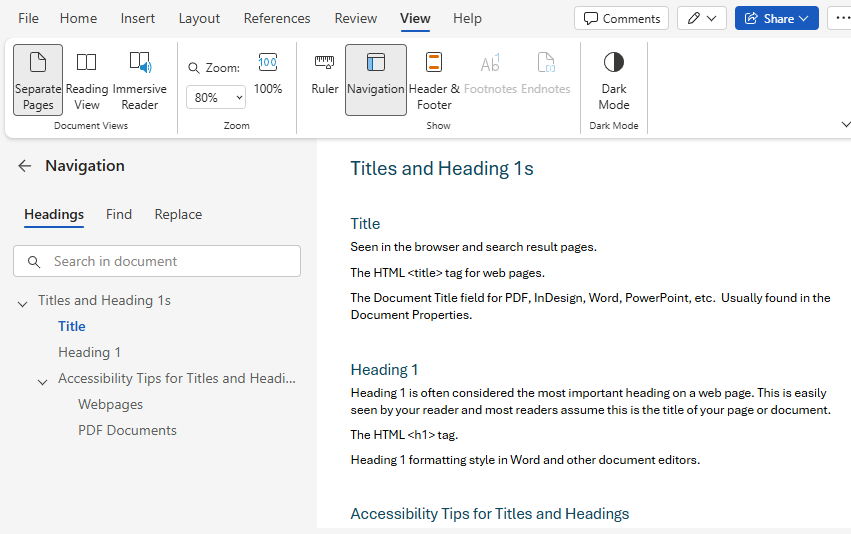 Screenshot of Microsoft Word with the Navigation panel open and displaying a list of document headings.